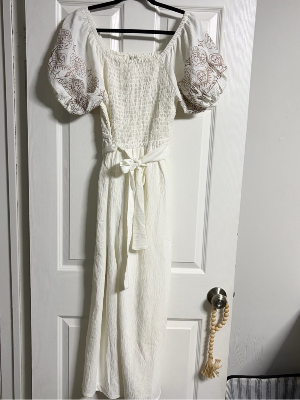 Cato White Maxi Jumpsuit with Embroidered Puff Sleeves